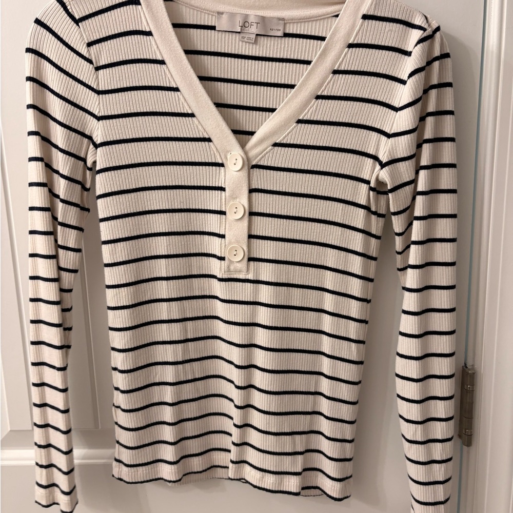LOFT Cream and Black Striped Button Down Shirt